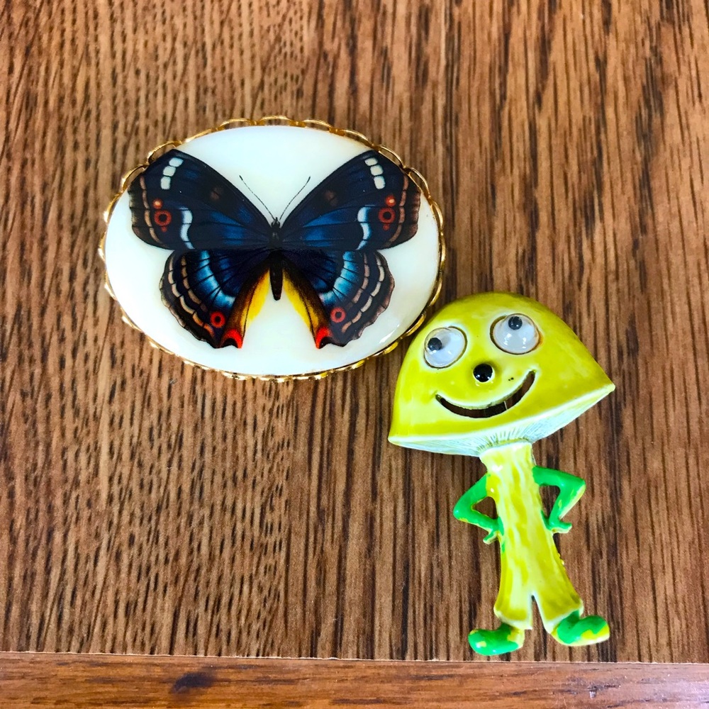 Vintage Googley Eyed Vegetable Pin and butterfly